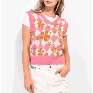 A.LAB Medium Noire Pink Sweater Vest Size S Zumiez Diamond Mod Flower Pattern